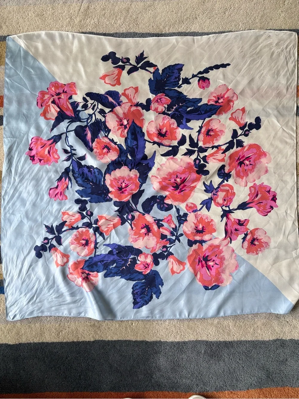 Floral Square Scarf with Pink & Navy Blooms 33”x34”